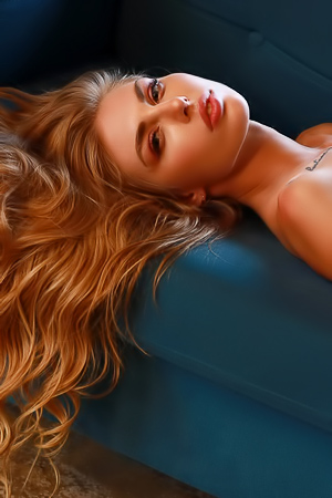ChloeQ Flirts on Blue Couch with Tattoo Touches